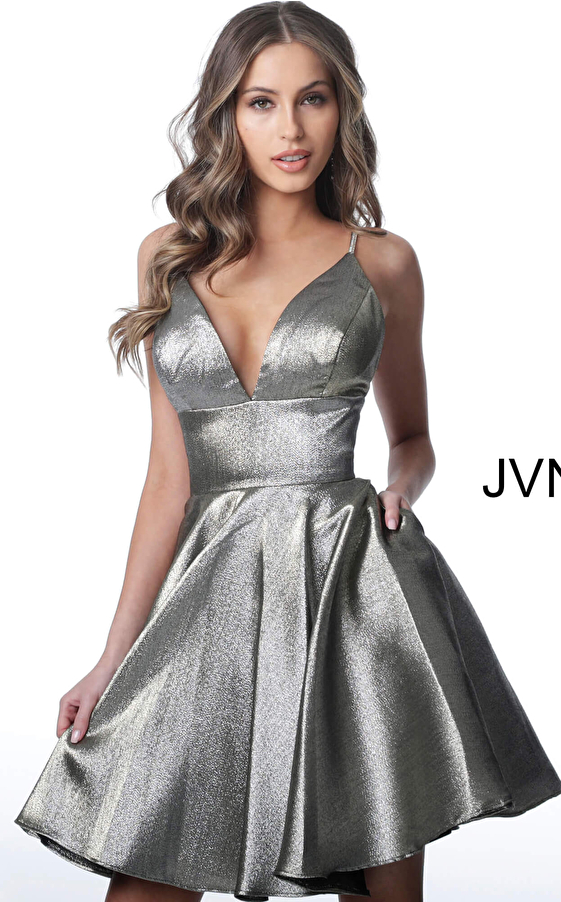 JVN3782 Grey Plunging Neckline Metallic Homecoming Dress 
